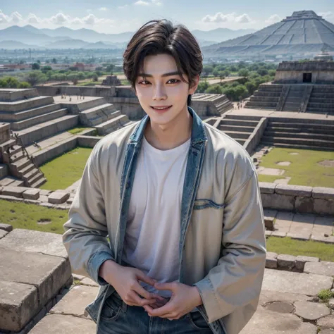 Eunwoo actor and kpop idol more realism in hair and clothing. 
Generates a representation of Eunwoo as the god of fertility in the ruins of Teotihuacan, with blooming fields around him and a radiant smile that brings abundance to the land.

