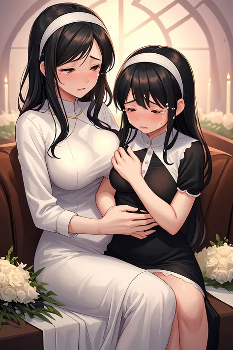 Beauty mother-in-law　Black Hair　Mother and daughter have beautiful breasts　hair band　Mourning clothes　funeral　Both mother and daughter are holding back tears.