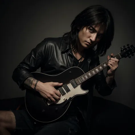 Create a realistic dark style photo of Russian singer Renato holding his guitar by his arm 