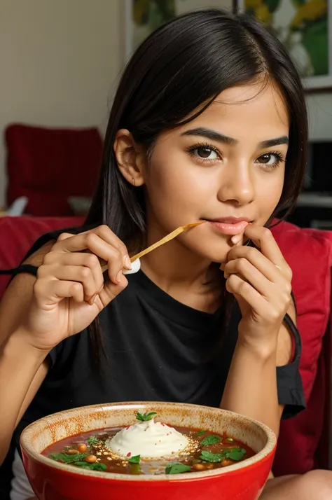 A girl eating Maggie in red bowl while watching cricket