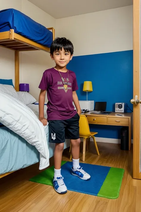 One 10 year old boy playing vdeio game in his room
