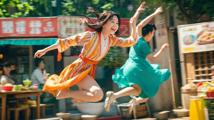 A glass noodles form a jumping dancing Chinese ancient lady, the dress fluffy. chopstick , bowl , jump up soups and vegetables mushroom sloshing out. 8K cinematic, photorealistic