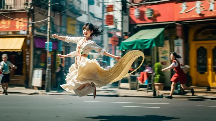 A glass noodles form a jumping dancing Chinese ancient lady, the dress fluffy. chopstick , bowl , jump up soups and vegetables mushroom sloshing out. 8K cinematic, photorealistic