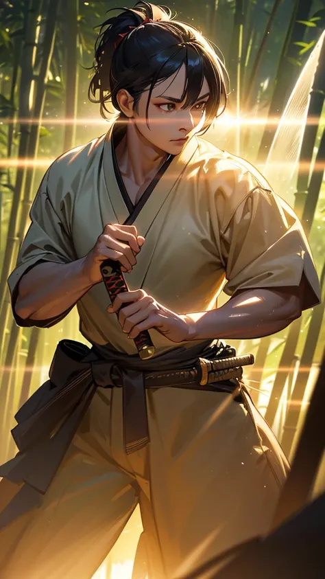 a samurai holding a detailed japanese katana sword, long blade shining in the sunlight, back hair tied, in a bamboo forest, mid combat, dramatic lighting, (best quality,4k,8k,highres,masterpiece:1.2),ultra-detailed,(realistic,photorealistic,photo-realistic...