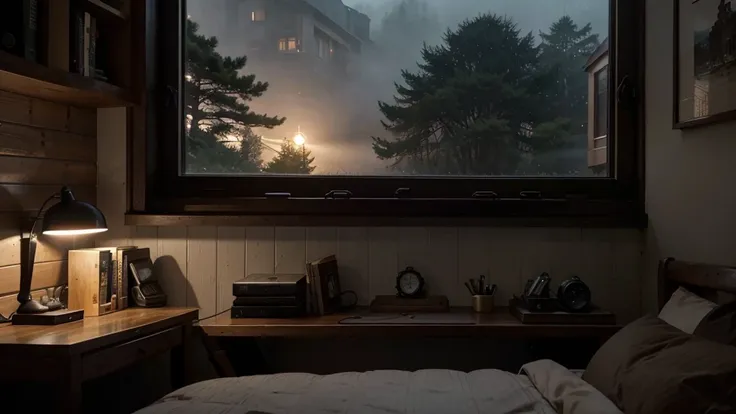 exterior extreme close-up of bright french window, photography, style of Makoto Shinkai studio and Greg Rutkowski, dark black, night, heavy fog, wet, deep forest, Japan low flattop huts, coffee cups,ultra detailed bedroom, desk, bookshelf, bed, decorative ...