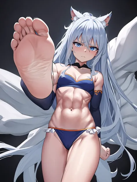  barefoot, footstomp, soles, toes, foreshortening, , masterpiece, best quality, ultra-high-detailed, angry face, blue hair, blue eyes, hibiki, looking to viewer, deep eyes,  glare eyes, bare shoulder, focus to feet, black background, upper body, eyeshadow ...