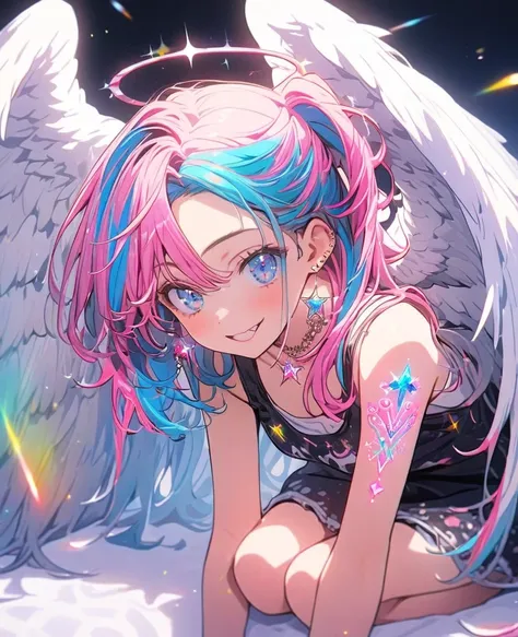 8K,Real,Gal，美しくRealな肌,Sparkling jewel earrings，Sparkly pink glitter tattoo,Long colorful hair,blue eyes,Tank top,Angel Wings,whole body