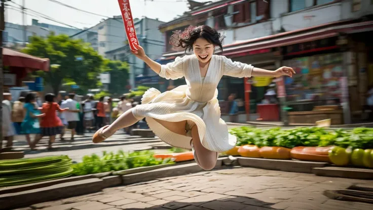 A glass noodles form a jumping dancing Chinese ancient lady, the dress fluffy. chopstick , bowl , jump up soups and vegetables mushroom sloshing out. 8K cinematic, photorealistic