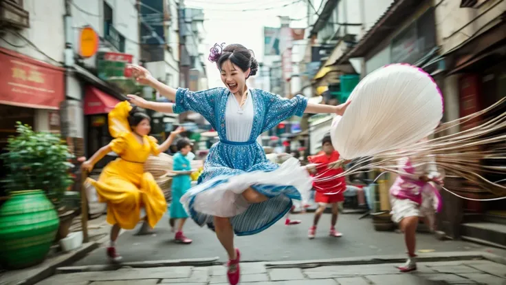 A glass noodles form a jumping dancing Chinese ancient lady, the dress fluffy. chopstick , bowl , jump up soups and vegetables mushroom sloshing out. 8K cinematic, photorealistic