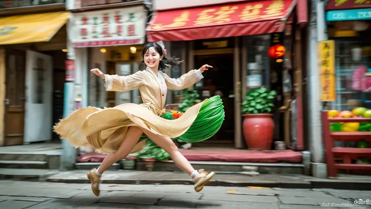 A glass noodles form a jumping dancing Chinese ancient lady, the dress fluffy. chopstick , bowl , jump up soups and vegetables mushroom sloshing out. 8K cinematic, photorealistic