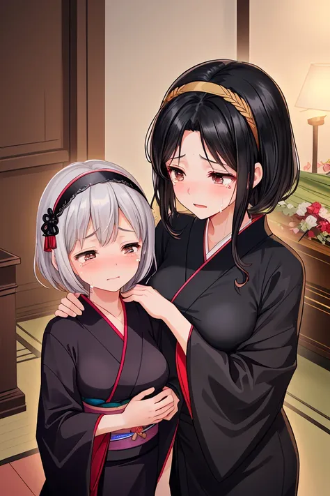 Beauty mother-in-law　Black Hair　Mother and daughter have beautiful breasts　hair band　black kimono mourning dress　funeral　funeral home　Remains　Both mother and daughter are holding back tears.