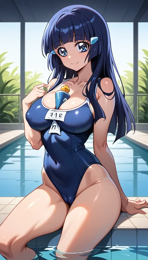 Score 9, Score 8 up, Score 7 up, The rating is questionable,
Detailed Background, Shiny skin,Reika Aoki,
Reika Aoki, straight long blue hair, blunt bangs, blue eyes, nsfw,Naked navy school swimsuit,cleavage between breasts,sexy pose,boobs,large breasts,who...