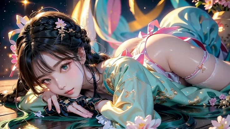 Japanese anime character style、A beautiful, voluptuous and stunning girl, 18-year-old, A gentle smile with eyes looking up, Black Messy Fishtail Braid, (Exquisite porcelain doll,Delicate clothing with lots of frills and ribbons), Starry sky beachside、color...