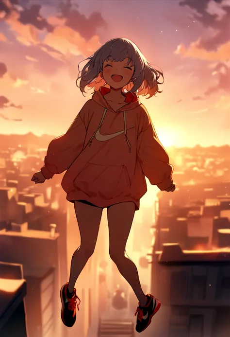 masterpiece, Highest quality, Movie stills, One girl, Two-headed character、Cloud Girl,、Wearing a Nike hoodie、Wearing Nike shoes, floating in the sky, close, bright, Happy, Warm and soft lighting, sunset, (spark:0.7)、