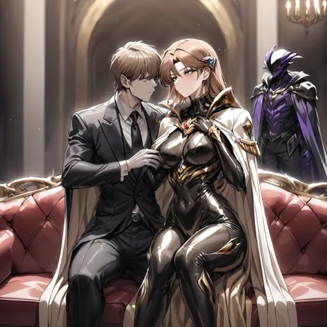 ((Highest quality)), ((masterpiece)), (detailed), （Perfect Face）、The woman is Princess Leona, with medium-long light brown hair, wearing a shiny, flashy, sexy, revealing black evil dress bodysuit, an open-front skirt, a cape and a headgear, and is an evil ...