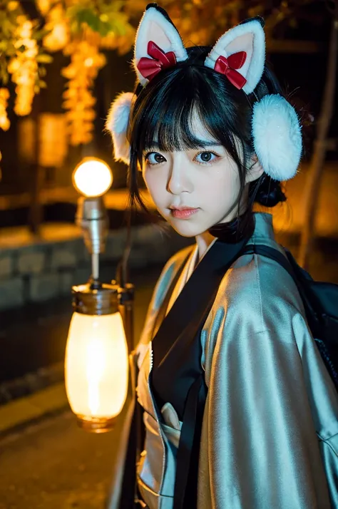 Woman with furry face、Fox ears、shout、night、Japan Road、shrine、Low - Angle、Dynamic composition、Background blur