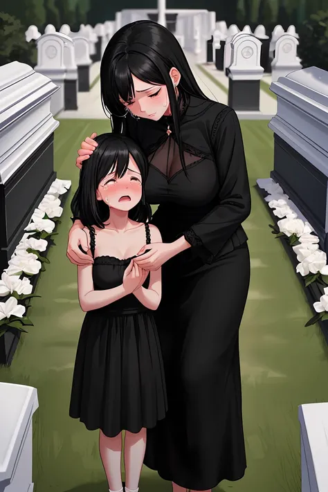 Beauty mother-in-law　Black Hair　Mother and daughter have beautiful breasts　Black mourning clothes　funeral　funeral home　Death of husband　Both mother and daughter are holding back tears.
