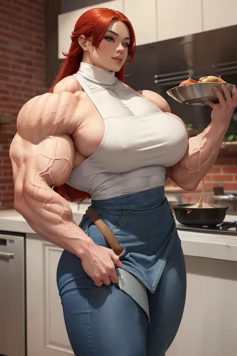 ((((Massive beautiful, buff, bulky, pale white skinned muscular, asian female chef with red hair, ginormous bulky muscles, cooking and wearing a red turtleneck sweater with a denim pants and a long apron)))), (close view), vascular, massive muscles, massiv...