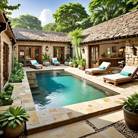 Design a cozy and rustic courtyard with a natural pool. The courtyard should have a charming, aged appearance with stone walls and large wooden doors. Include comfortable wooden lounge chairs with soft cushions, a small bar area with high stools, and vario...