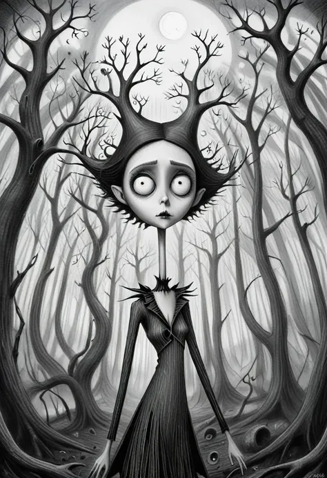 monochrome (pencil scektch:1.3),(she:1.15) in a tim burton-inspired forest, peculiar trees with angular branches reach towards t...