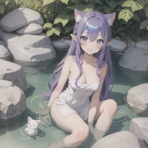 anime girl long purple hair {{Wrapped in a bath towel}}. she has pointy ears. Manga kawaii. iridescent ,An illustration, sitting in a rock