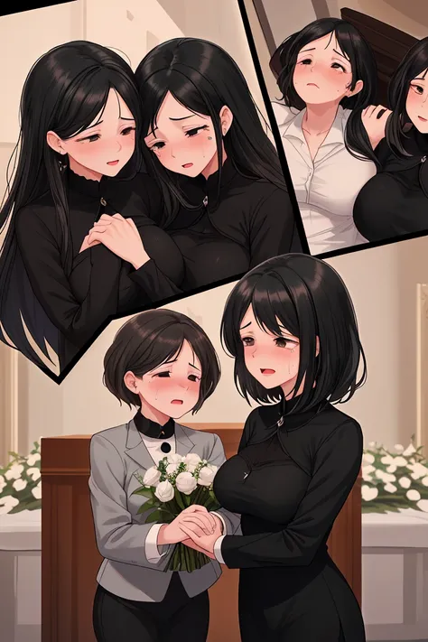 Beauty mother-in-law　Black Hair　Mother and daughter have beautiful breasts　Black mourning clothes　funeral　funeral home　Death of husband　Both mother and daughter are holding back tears.