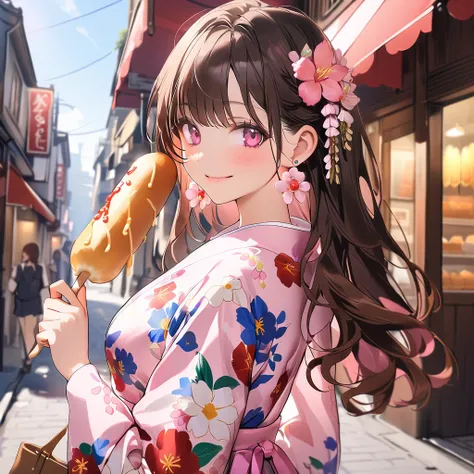 A beautiful young girl, pink eyes, brown hair, happy smile, floral print dress, purple earrings, holding a corndog with her one hand, outdoors, street, background publics