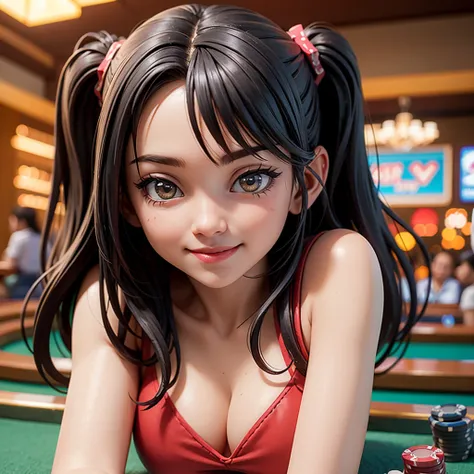 happy and smile, indonesian girl wearing high , teasing you, waiting customer play, playing in casino, red casino background, polite and kind, Sweet Face, casino, poker table, playing casino roulette