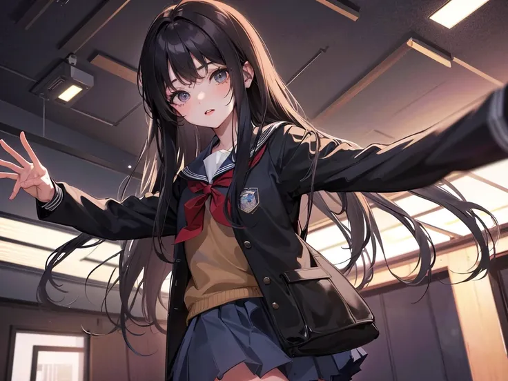 1girl, Standing in a classroom in the dark atmosphere of dusk., (schoolgirl uniform), long hair cut, open eyes, ((wide shot)), (looking at viewer), 16 years old, ((from front shot))