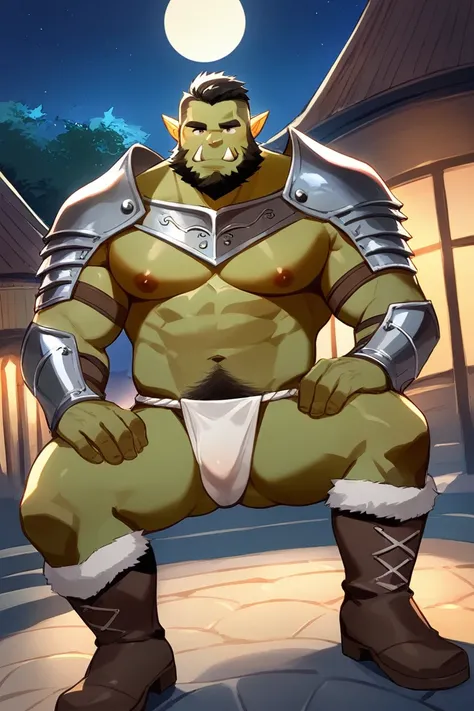 score_9, score_8_up, score_7_up, solo, male focus, bulk male, orc, green skin, tusks, beard, outdoors, micro armor , shoulder armor, breastplate, upper body, closed mouth, pauldrons, night, night sky , boots , (micro fundoshi) , full body , black boots , l...