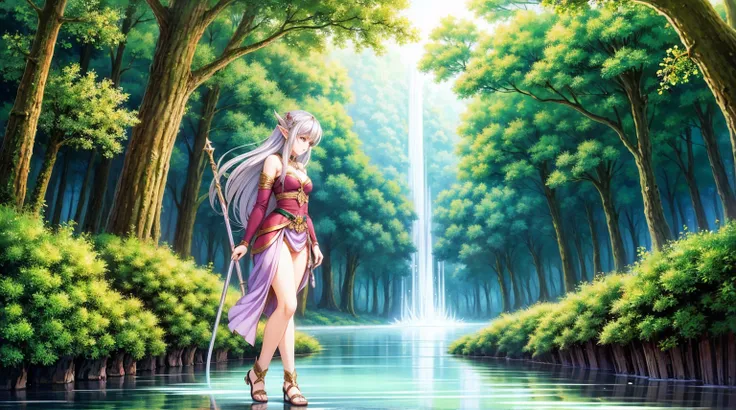 An elf woman with silver hair in the midst of an adventure, crossing a magical river in a mystical forest. She is alert and ready for action, with her long flowing silver hair, pointed ears, and elegant attire. The river is glowing with magical light and s...