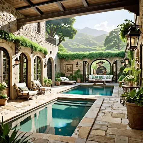 Generate a vintage-inspired courtyard scene featuring a picturesque pool. The courtyard should have weathered stone walls, large wooden doors, and a mix of vintage furniture. Include wrought iron chairs and tables, antique-style lanterns, and an assortment...