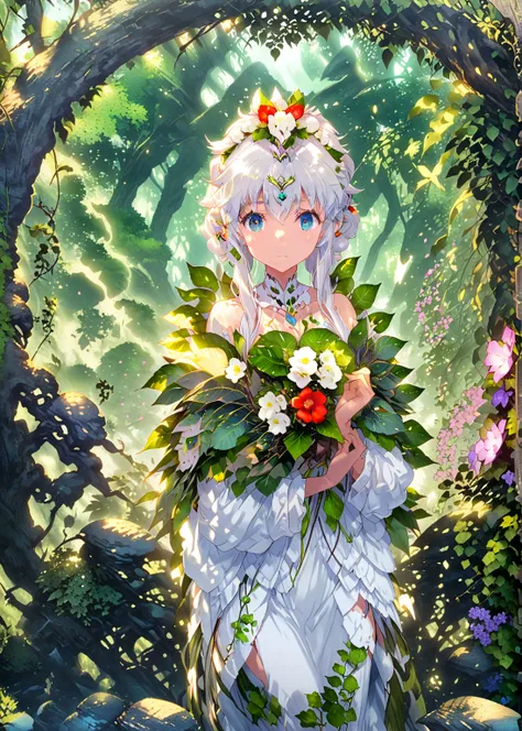 Anime girl with white hair and a white dress holds a  in her arms, white-haired deity, unearthly anime, Goddess of nature, magical queen of the summer forest, official anime cover, with ivy, official art, Художественный стиль Rune Factory 5, anime goddess,...