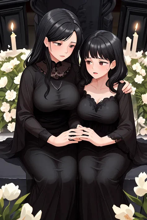 Beauty mother-in-law　Black Hair　Mother and daughter have beautiful breasts　Both mother and daughter are wearing black mourning clothes　funeral　Association　Death of husband　Death of Father　Both mother and daughter are grieving