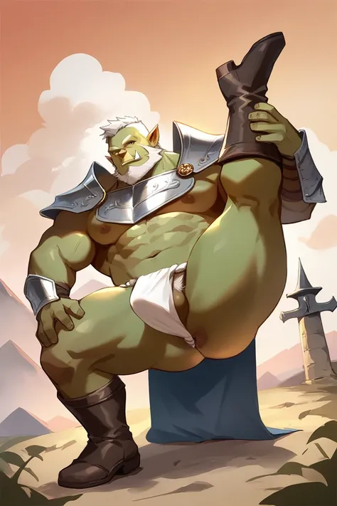 score_9, score_8_up, score_7_up, solo, male focus, bulk male, orc, green skin, tusks, beard, outdoors, micro armor , shoulder armor, breastplate, upper body, closed mouth, pauldrons, day , day sky , boots , (micro fundoshi) , full body , black boots , layi...