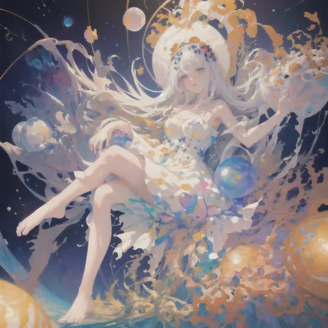 (masterpiece, best quality:1.2), (ultra detailed),(illustration), wallpaper, original, 1girl, messy white hair, spaghetti strap, white dress, bare legs, bare feet, bare arms, space, Earth background, near-earth orbit, full body, ,(surrounded by colorful sp...