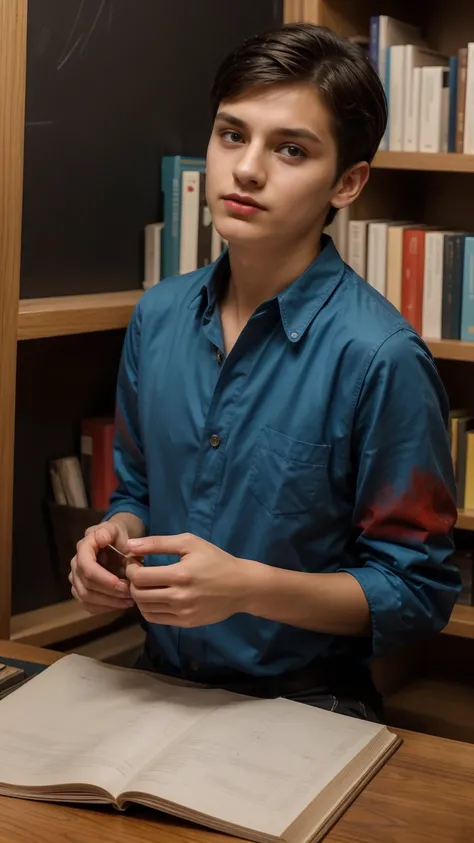 A young, cute, beautiful male twink with a face with makeup and red lips. He has black hair. He is wearing a bright white long-sleeved shirt and aqua blue jeans. He is a medical scientist. He is in his office, and behind him is a library of books, and next...