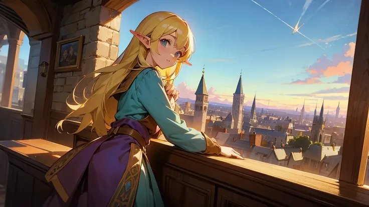 Anime Style,Nostalgic,Detailed background,The medieval world,A lively bar with lots of people,Beautiful sky,A beautiful bard elf girl looking back at me