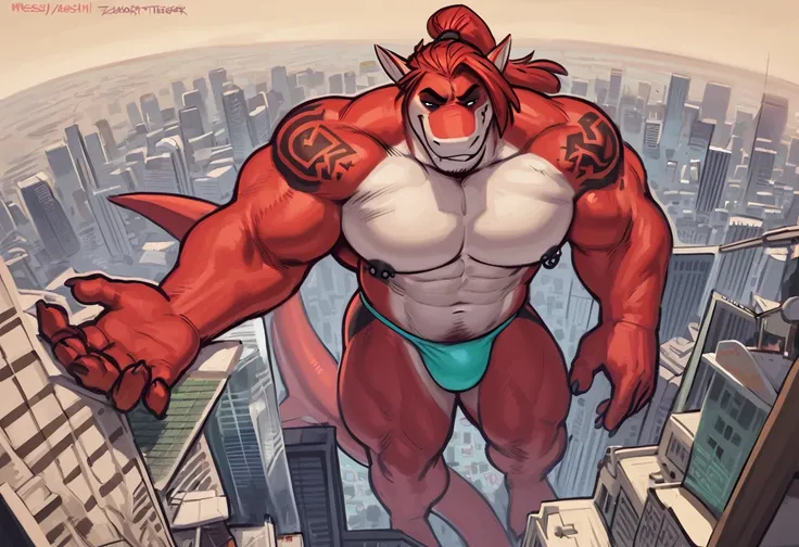 bright red colored bara shark, white countershade, red skin, large hairy pecs, strong physique, tribal tattoos, scarlet samurai hair in ponytail, cyan colored eyes, black sclera, very muscular, perfect anatomy, scars on body, full body view in frame, nippl...