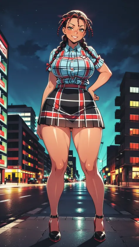 4K Quality, grinning, sexy pose, (black plaid skirt), standing up, ((black and red braids)), (dark skinned), thick thighs, big breasted, big ass, looking at viewer, amber eyes, night time, bedroom eyes, full body, neon city background, perfect face, perfec...