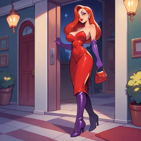 Jessica Rabbit is standing in a corner, she is wearing a red dress and long boots and a purse, night