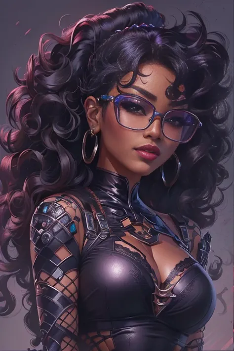 A closeup of a woman with glasses and a bra top, 极其详细的Artgerm, in the style artgerm, style artgerm, nerdy black superhero, artgerm portrait, drawn in the style of artgerm, rossdraws | afrofuturism, style artgerm, garota cyberpunk sonhadora, Estilo Ivan Tal...