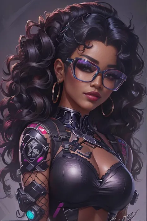 A closeup of a woman with glasses and a bra top, 极其详细的Artgerm, in the style artgerm, style artgerm, nerdy black superhero, artgerm portrait, drawn in the style of artgerm, rossdraws | afrofuturism, style artgerm, garota cyberpunk sonhadora, Estilo Ivan Tal...