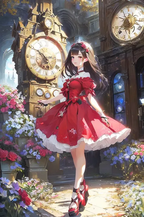 (Highest quality)(Masterpiece), anime girl in a red dress walking in front of a clock, cute anime waifu in a nice dress, splash art anime loli, loli in dress, beautiful fantasy anime, beautiful anime art, guweiz on pixiv artstation, cushart krenz key art f...