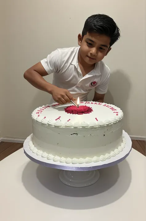 Create a 3d image in which nepali cute boy  cutting cake wearing  white color top with name Kuber is written clearly on the cake image features with birthday decorate view , realistic image