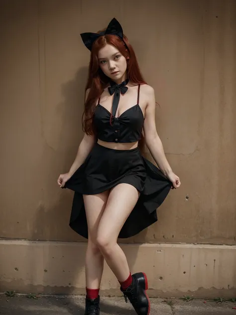 A girl，Red long hair，Red cat ears，Red eyes，Red sleeveless top，Black skirt，Black bow tie around neck，Black shoes，joy，cute