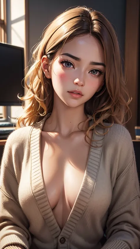 japanese,beautiful browneyes, beautiful lips,（furrowed brow） , longeyelashes,((slender)),((curly hair )),looking away,Cardigan,displeased, office lady, professional business attire, office setting, desk, computer,, (highres,masterpiece:1),detailed,(realist...