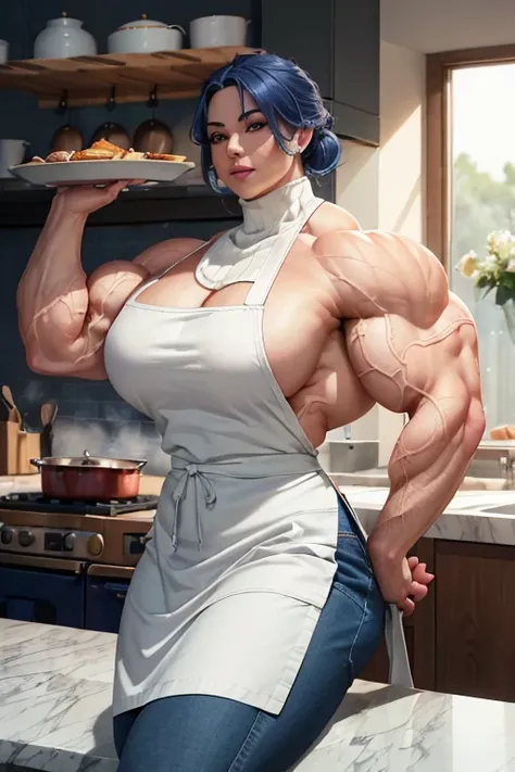 ((((Massive beautiful, buff, bulky, pale white skinned muscular, female chef with royal blue hair, ginormous bulky muscles, cooking and wearing a royal blue turtleneck sweater with a denim pants and a long apron)))), (close view), vascular, massive muscles...