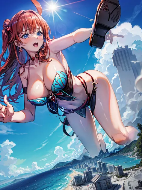 Giantess appears from underwater in front of a giant cruise ship, the cruise ship looks very small in front of her because it is giant, she is naked, she has red hair and white skin, she has small breasts but very sexy legs and her body is very curvy. Godd...