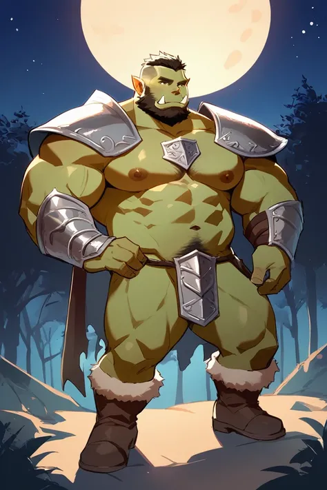 score_9, score_8_up, score_7_up, solo, male focus, bulk male, orc, green skin, tusks, beard, outdoors, micro armor , shoulder armor, breastplate, upper body, closed mouth, pauldrons, night, night sky , boots , (Nude) , (micro condom) , full body , black bo...